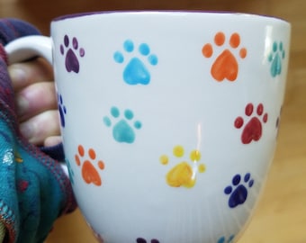 Rainbow paw print mugs large ceramic mug big coffee cup rainbow dog print cat paws rainbow colorful dog lover cat lover bright colors gift
