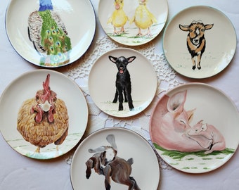 Farm animal plates Pink pig barnyard gift lamb plate horse plate llama dinner plate pig lover gift farm gift chicken rooster plate cow calf