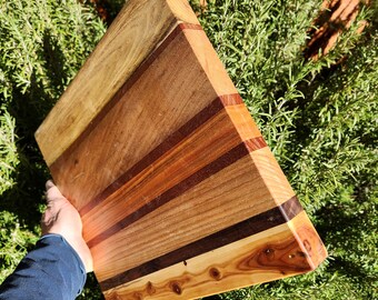 12x11" Wood cutting board apricot, honey locust, walnut, cherry hard wood stripes excellent joinery handcrafted cheese display board