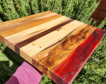 13x12-1/2" Wood cutting board honey locust, manzanita, walnut, cherry, hard wood stripes excellent joinery handcrafted cheese display board