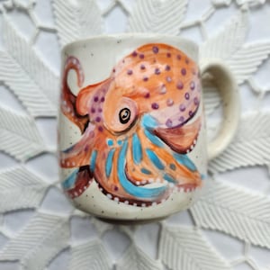 Hand-Painted Ocean Animal Mug: Sea Life Coffee Cup with tan sandy background (16 ounce)