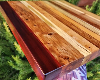 14x13" wood cutting board, hardwood solid wooden stripes wild plum, lilac, manzanita, honey locust, mahogany, fancy cheese display board