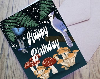 Happy Birthday Card Beautiful Cottagecore Greetings Card Blue Jay Butterflies Magical Mushrooms Cosmic