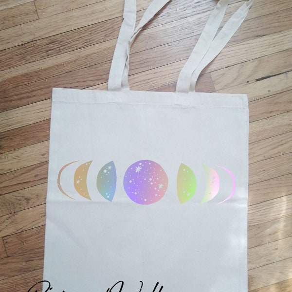 Iridescent Cosmic Moon Phases Tote Bag Shopping Books Purse Celestial Crescent Moon Stars Space Galaxy Rainbow Metallic Silver Gift
