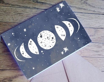 Cosmic Moon Phases Watercolor Blank Greetings Card Set