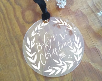 Custom Babies 1st Christmas Acrylic Christmas Ornament Gift Leaves Berries 2021