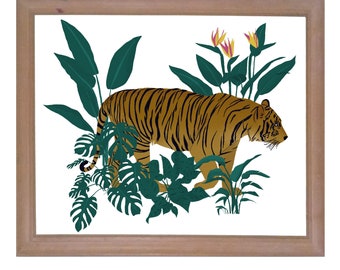 Jungle Tiger, Art Print, floral, vines, nature, wall art, Monstera, Birds of Paradise, Palm Leaves, Tropical Illustration