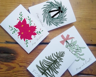 Christmas Cards Set Wreath Poinsettia Christmas Tree Mistletoe Tis the Season Happy Holidays Greetings Cards Stationery Stationary