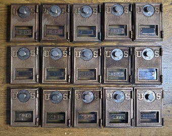 Early Bronze US Combination Post Office P.O. Door Mail Box Postal Antique-US w/ Glass