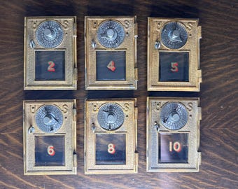 Early Brass Double Dial Post Office P.O. Door Mail Box Postal Antique-US w/ Glass 1896