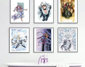 Marvel comics art sets, wall decor, Black Cat, Spiderman, Wonderwoman, Storm, Gamora, Gwen stacy Comic book art, marvel comics, wall art