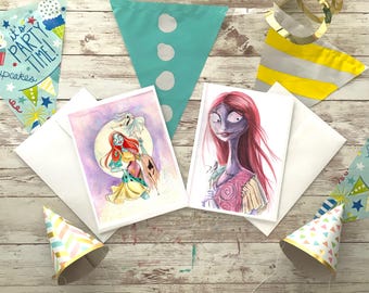 Ręcznie rysowane kartki z życzeniami z motywem „Miasteczka przed świętami Bożego Narodzenia” i „Gnijącej panny młodej”