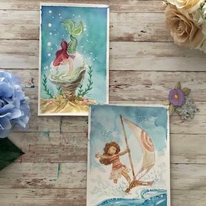 Disney original Kunst Aquarell, Disney Princess Watercolors! Niedliche Mini-Elsa, Mulan, Pocahontas, Tiana, Moana, Ariel, Anna, Aurora, Snowhite