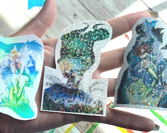 Disney Princess Vinyl Stickers: Aurora, Maleficent, Pocahontas, Mulan, Tinkerbell, Aladdin, Ariel - Sparkly Decals