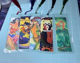 Superhero Bookmarks:Rogue, Harley, Wonderwoman, Poison Ivy, Batgirl with tassel