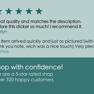 May include: A teal graphic with five green stars at the top. Text includes customer reviews, such as "Great quality and matches the description." and "Shop with confidence! We are a 5-star rated shop."