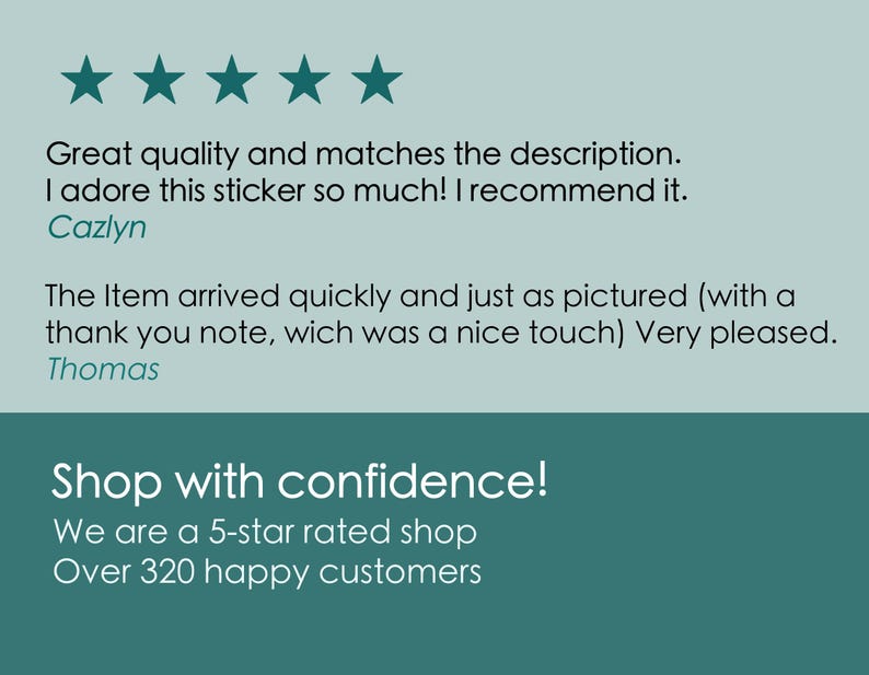 May include: A teal graphic with five green stars at the top. Text includes customer reviews, such as "Great quality and matches the description." and "Shop with confidence! We are a 5-star rated shop."
