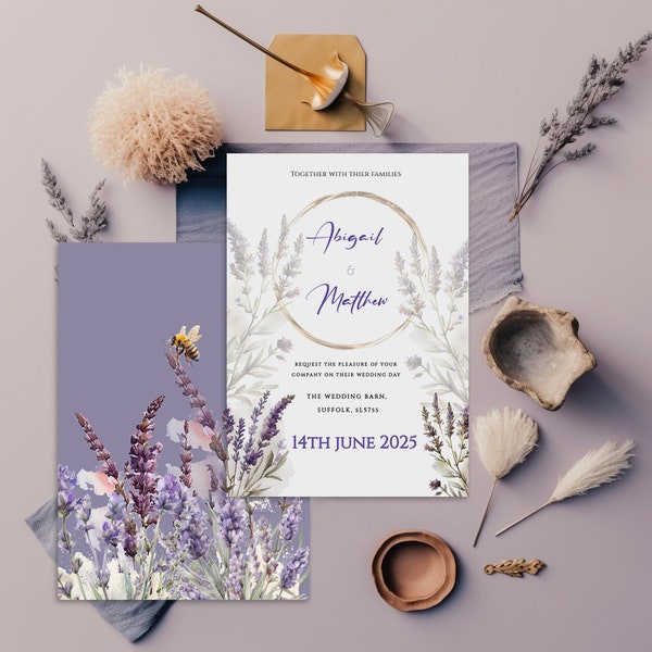 Lavender Purple Floral Wedding Template - Invitation -  Summer Autumn Fall, Floral Invite Set, Gold, Orange, Editable