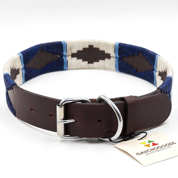 Gaucho Goods Leather Dog Collar - Torero (Dark Blue, White / Light Blue)