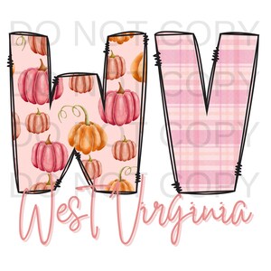 Può includere: Un design grafico che presenta le lettere WV con un bordo nero spesso. La lettera W è riempita con un motivo di zucche rosa e arancioni su sfondo rosa chiaro, mentre la V ha un motivo a quadri rosa. Il testo West Virginia si trova sotto.