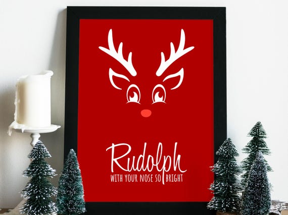 Rudolph Reindeer Christmas Print: Red Background Art (Digital Download)
