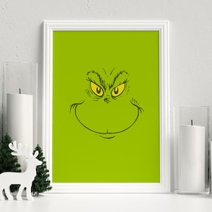 Grinch Face Print | Fun Holiday Wall Art | Iconic Christmas Decor | Green Cartoon Poster | Whimsical Home Decor | Digital Download