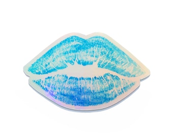 Sticker holographique Cosmic Kiss, lèvres arc-en-ciel bleu brillant