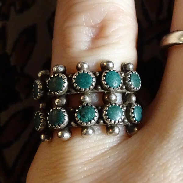 Vintage 1970's 925 Sterling Silver Zuni Southwestern Native American Turquoise Ring Petite Pinky Ring Size 4