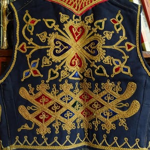 Vintage Ottoman Afghan Embroidered Navy Blue, Gold, Red, Green, Pockets Traditional Middle Eastern Vest 1960&#39;s 1970&#39;s Hendrix Hippie Unisex