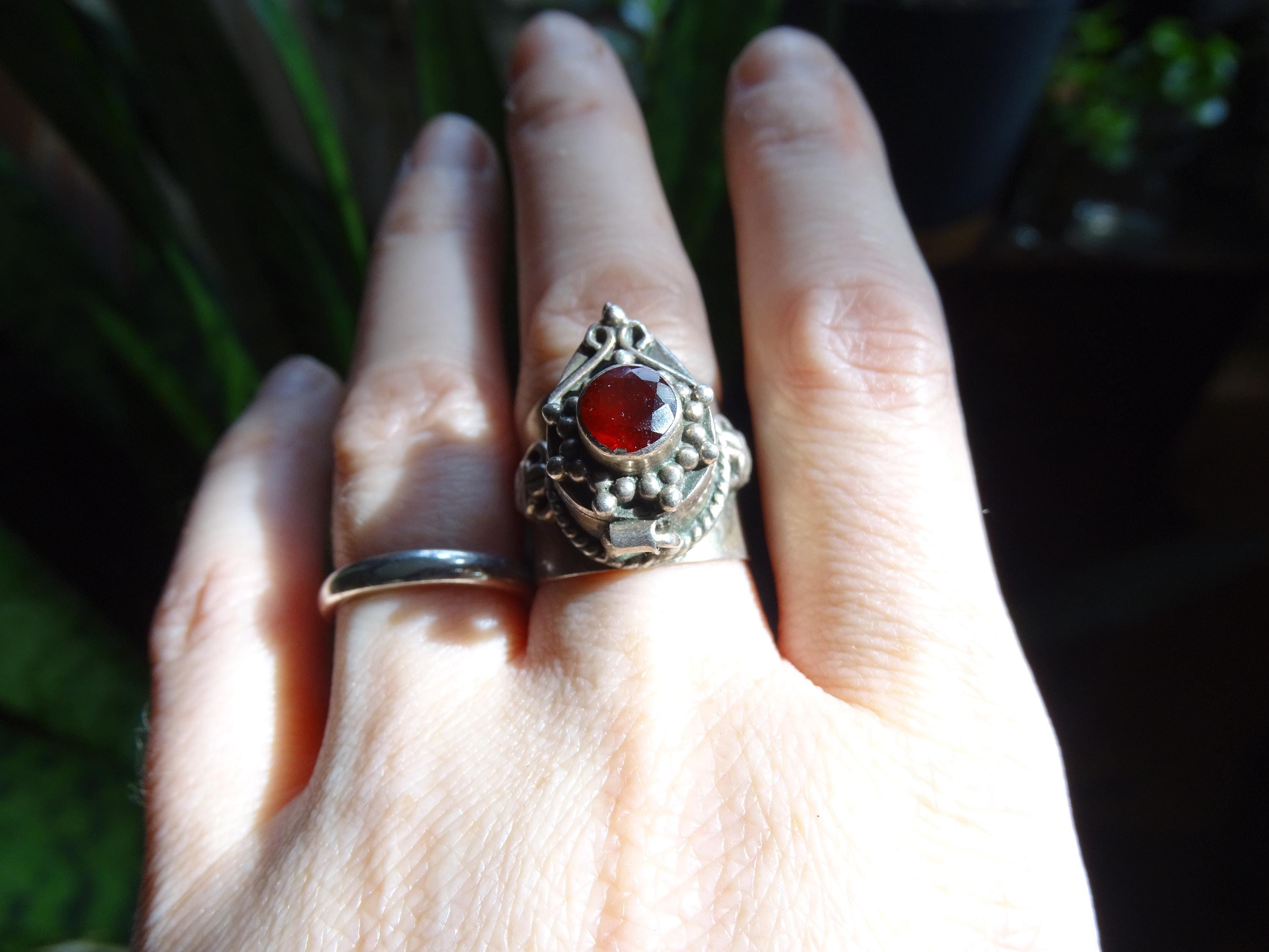 Vintage Sterling Silver 925 Stamped Faceted Red Garnet Poison Ring Locket Ring Snuff Ring Ornate Gothic Victorian Style - Size 5.5 - 11g