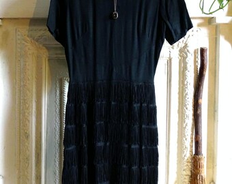 Vintage Late 1940's/1950's Black Fringed Short Sleeved Heavy Mid Length Cocktail Wiggle Sheath Shimmy LBD Dress -  w/ Some Wear - Size XS/S