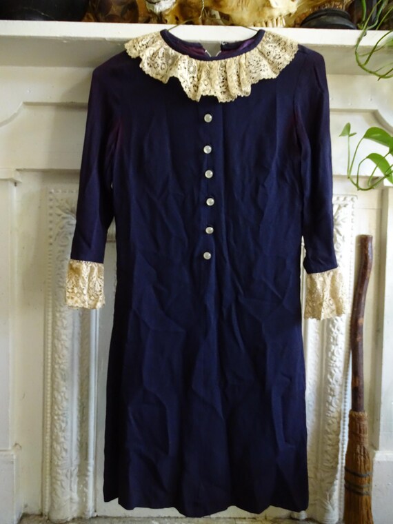 Vintage Wounded Bird - 1950's/1960's Cindy Juniors By Leboff Montreal Distressed Blue Babydoll Dress w/ Stained Lace Collar & Cuffs - XS/S