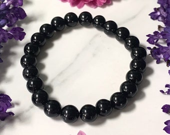 Zwarte toermalijn kralenarmband / zwarte stretch toermalijn armband / zwarte toermalijn kristal armband