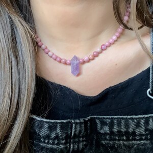 Gemstone Choker / Rhodonite & Amethyst Beaded Gemstone Choker / Crystal Choker / Crystal Necklace