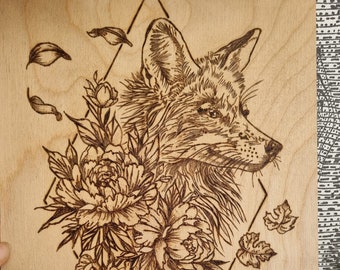 Floral fox and ivy wood-burned A4 art piece