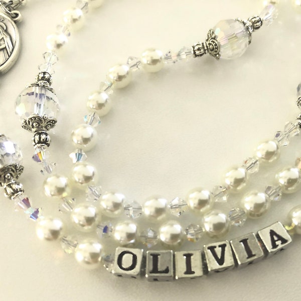 White Pearl Rosary, Baptism or First Communion or Confirmation Rosary, Personalized Catholic Rosary