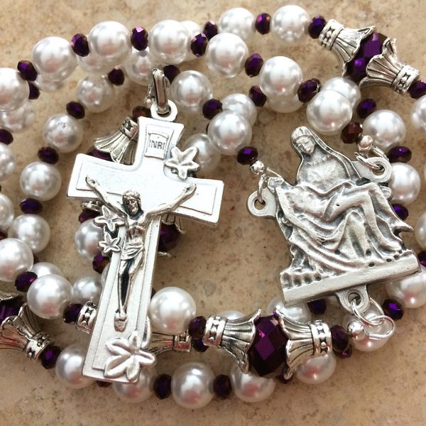 Easter Catholic Rosary, White Pearl Rosary, Pieta Rosary, Catholic Rosary, White and Purple Rosary