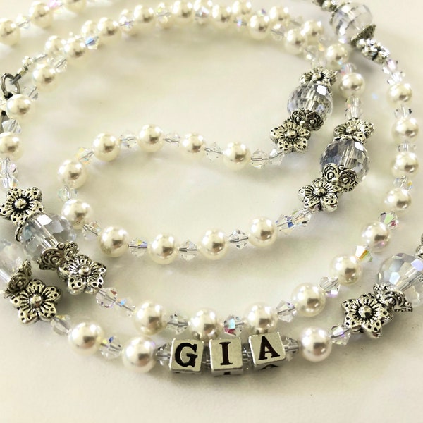 White Pearl Girl's Rosary, Baptism or First Communion or Confirmation Rosary, Personalized Rosary, Flower Rosary