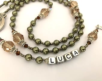 Olive Green Pearl Personalized Rosary: Catholic Rosary Beads