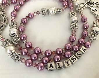 Dusty Rose Rosary, Baptism or First Communion or Confirmation Rosary, Personalized Girl's Rosary