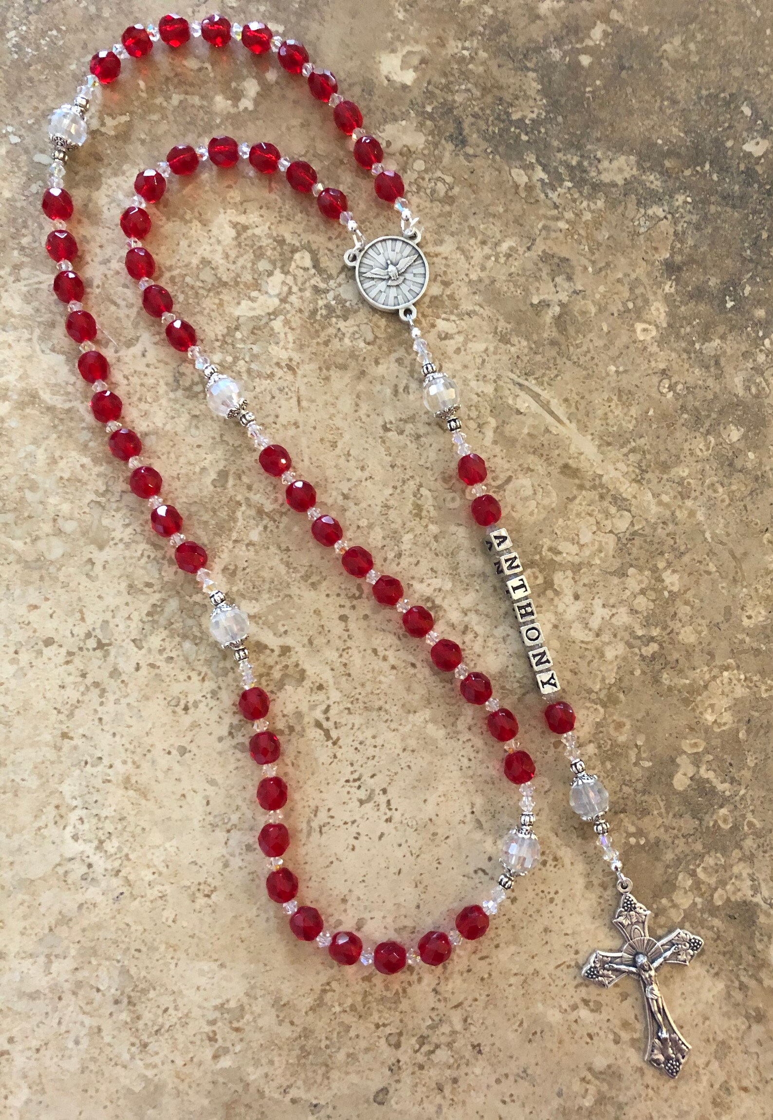Red Crystal Rosary Personalized Rosary Baptism or First Etsy