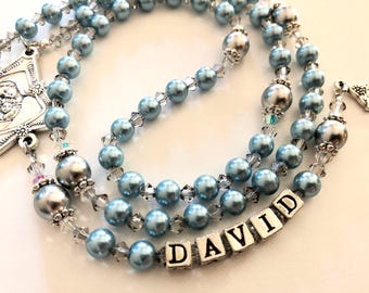 Personalized Light Blue Rosary: Baptism, First Communion Gift