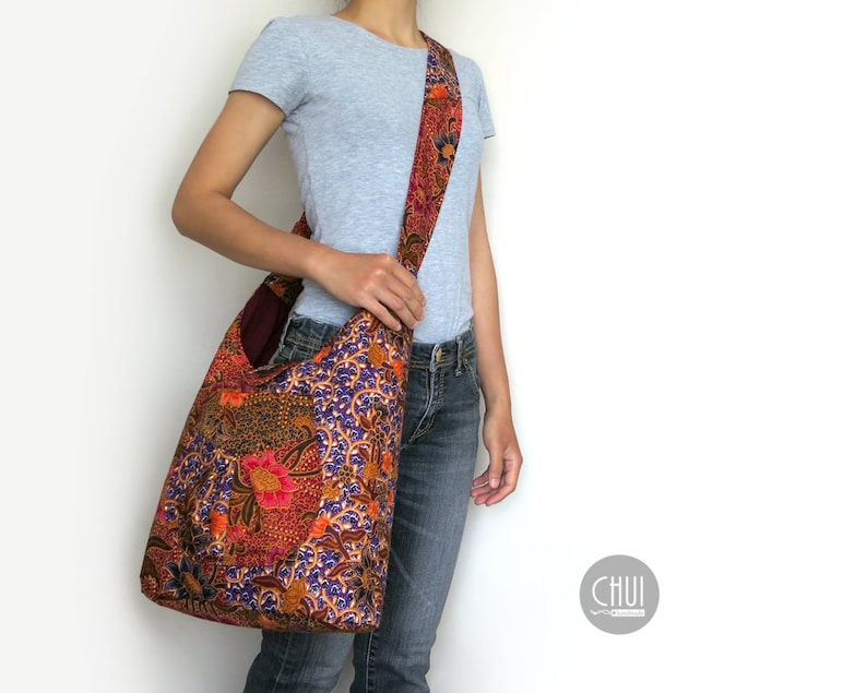 Messenger Cross Body Cloth Fabric Shoulder Bag Sling Hobo Slouch Long Adjustable Strap Lightweight Asia Batik Boho Hippie Ethnic Native