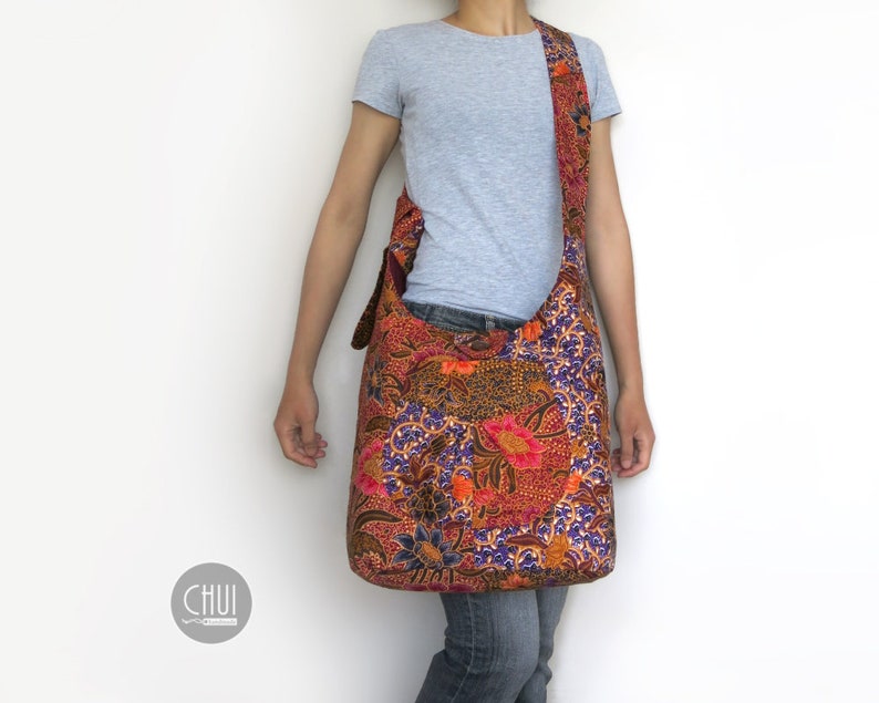 Messenger Cross Body Cloth Fabric Shoulder Bag Sling Hobo Slouch Long Adjustable Strap Lightweight Asia Batik Boho Hippie Ethnic Native