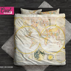 Dekbedovertrekset wereldkaart – dekbedovertrek met oude kaart en beddengoed in vintage stijl – op reizen geïnspireerde slaapkamerinrichting van CoolBedding, B121