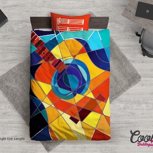 Abstracte gitaar beddengoed, muziek dekbedovertrek single, eigentijds beddengoed set, kleurrijke dekbedovertrek te koop, achterkant kleur wit, 9