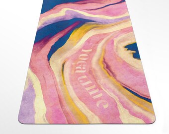 May include: A pink, yellow, and blue yoga mat with a swirling agate pattern. The text "yoga time" is printed in white on the mat.
