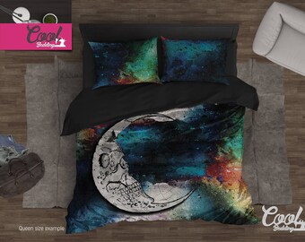 Skull Moon Bohemian Bedding – Sugar Skull Duvet Cover Set with Celestial and Gothic Design – Mystical Bedroom Decor, B84