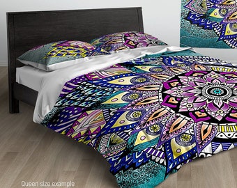 Duvet Cover, Asymmetric MANDALA, Bohemian Bedding, King Queen Full Bedding Set, Hand-Drawn Mandala Design  08