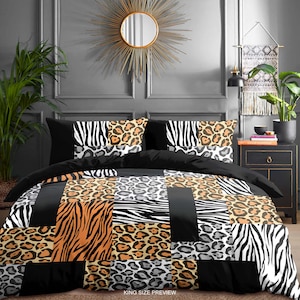 May include: A king-size bedding set with a black background and a patchwork design featuring zebra, leopard, and tiger print patterns. The bedding set includes a duvet cover and two pillowcases.
